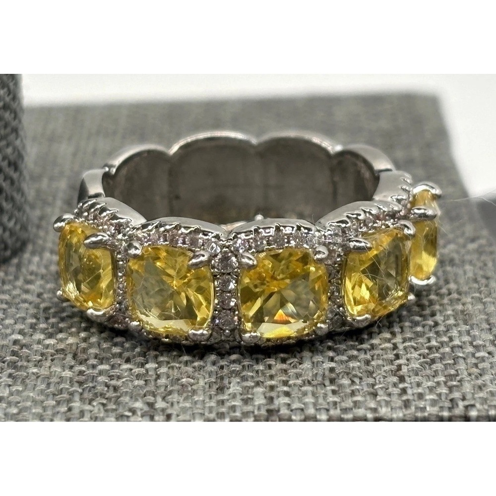 Yellow Cushion Cut Cubic Zirconia Eternity 8.7MM Band Ring Size 9 Silver Tone